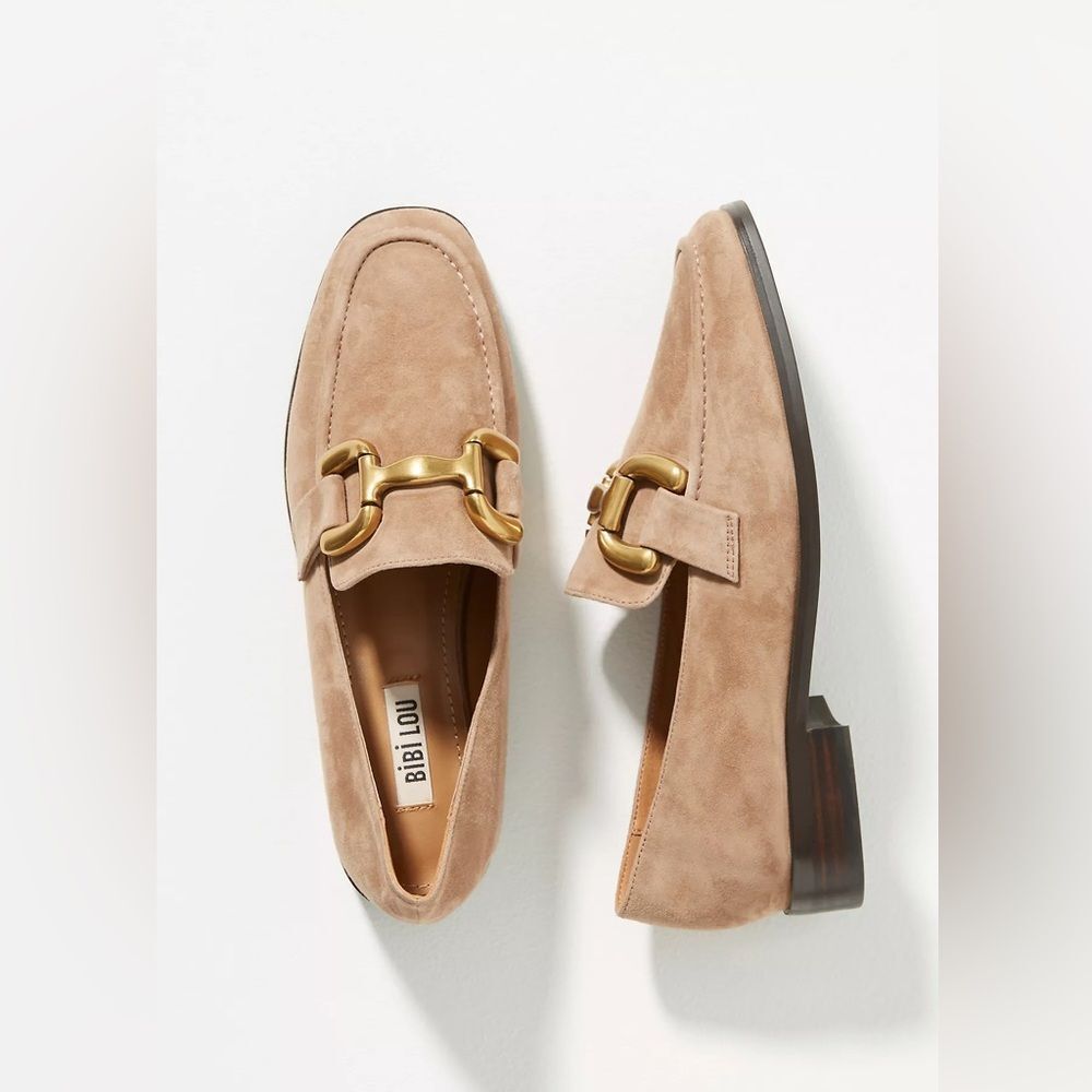 BiBi Lou Suede Anthropology Loafer Flats Beige Gold Comfort Women's Size 9.5